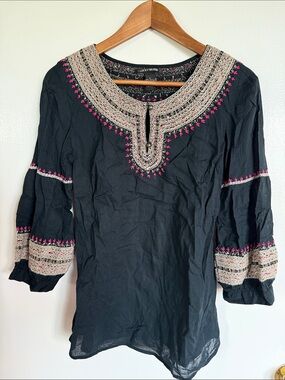 Lucky Brand Black Tunic with Cream and Pink Embroidery